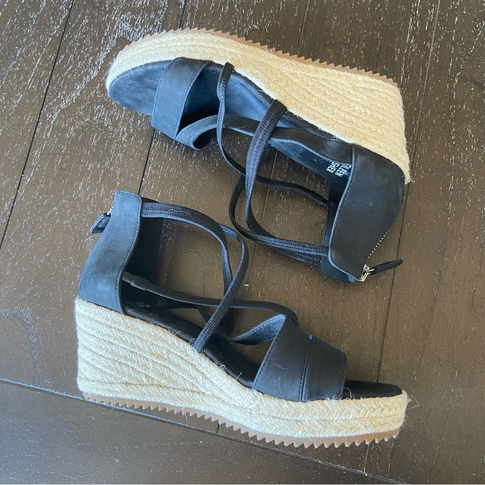 Eileen‎ Fisher Black Leather Strappy Espadrilles Sandals Wedges Size 6.5